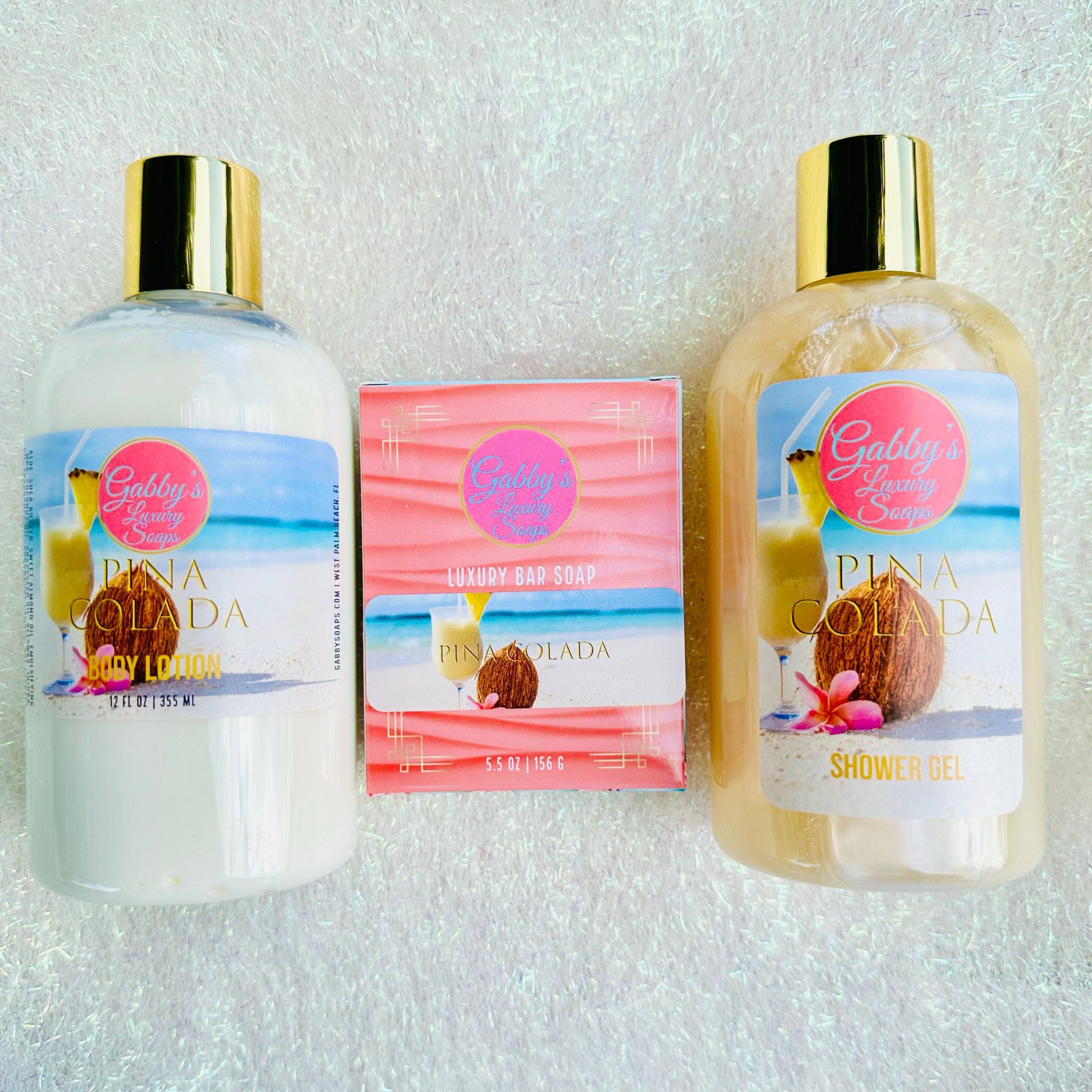 Piña Colada Aloe and Shea body lotion, shea bar soap, and shower gel