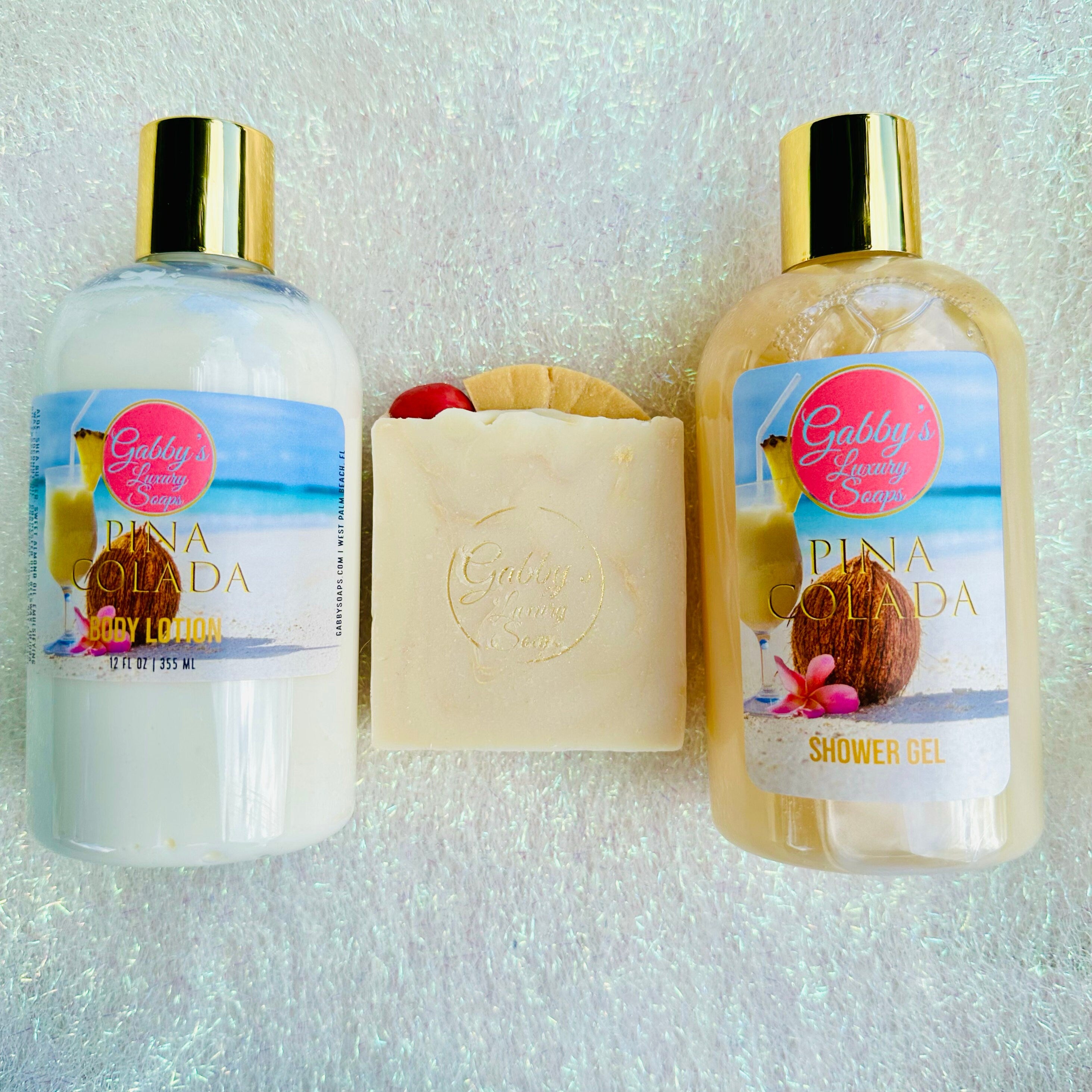 Piña Colada Aloe and Shea body lotion, shea bar soap, and shower gel