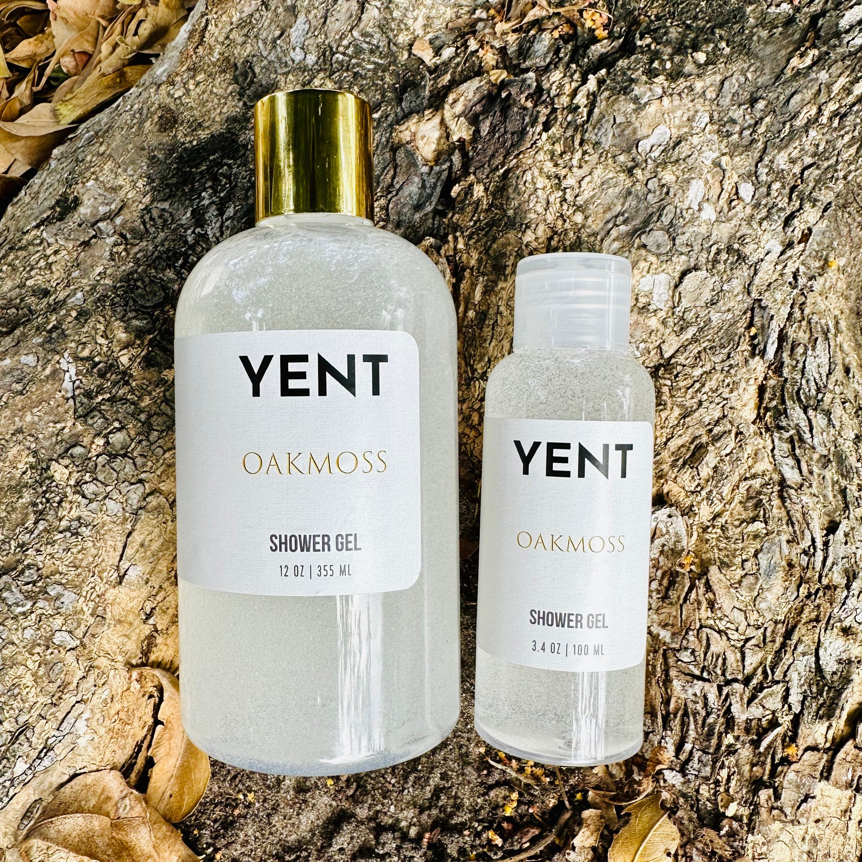 GabbySoaps x YENT Oakmoss Shower Gel in large and travel-size