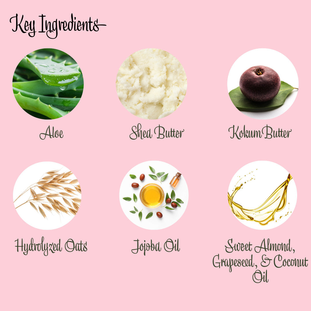 Our body lotion key ingredients: Aloe, shea butter, kokum butter, hydrolyzed oats, jojoba oil, sweet almond oil, grapeseed oil, & coconut oil