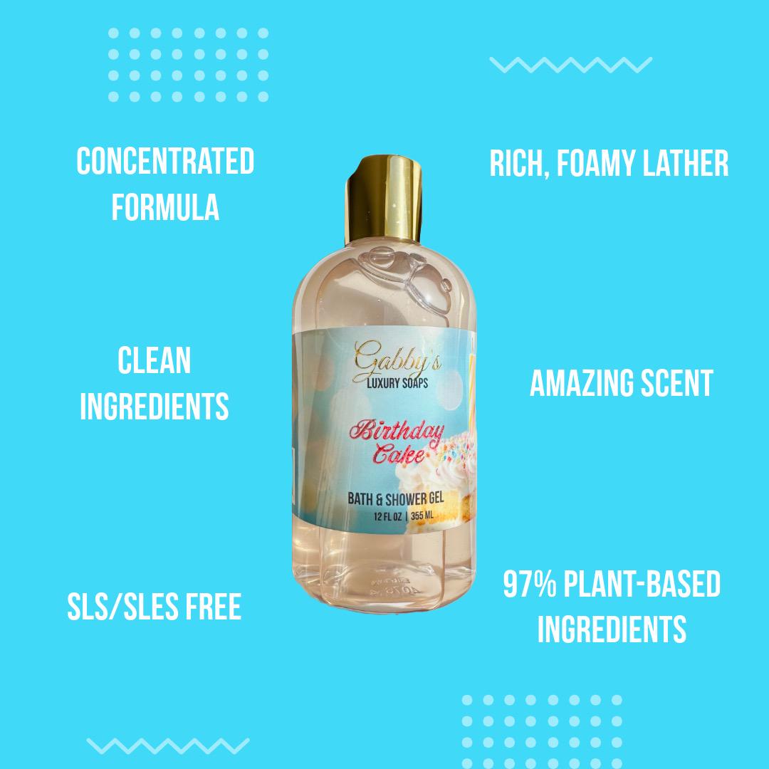 Birthday Cake Scented Shower Gel | Vanilla Cake + Spiced Rum Body Wash | Paraben-Free | Plant-Based Bath Gel | Sweet Dessert Scent