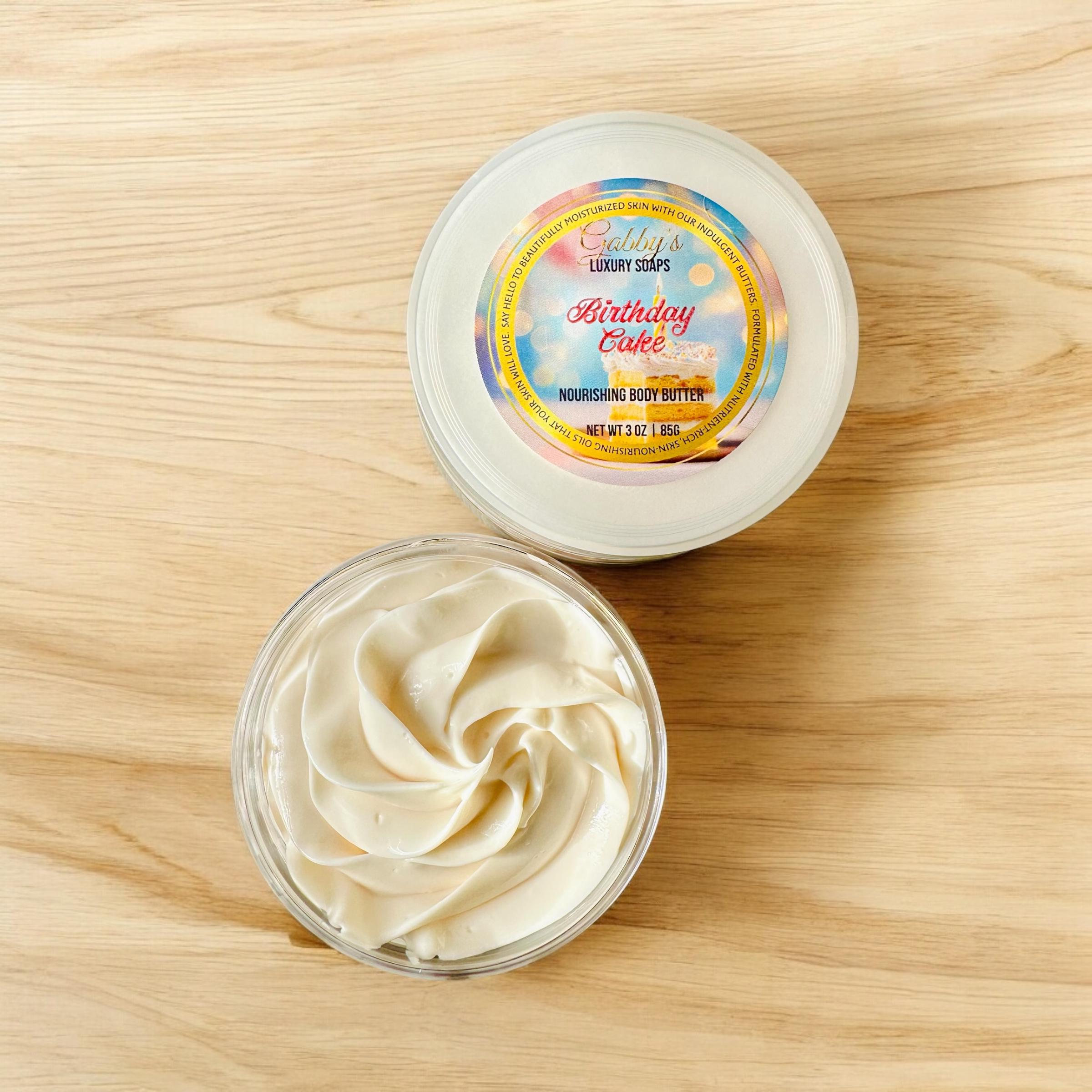 Birthday Cake Scent Travel Size Nourishing No melt, Non-greasy Body Butter with Aloe, Shea, Kokum & Cupuacu Butter + Vitamin E 3oz