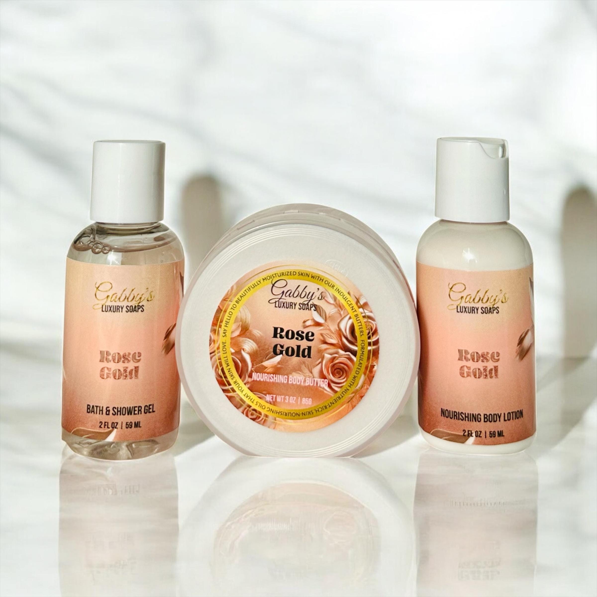 Rose Gold Travel Set – Shower Gel, Body Lotion & Body Butter (TSA-Friendly Sizes)