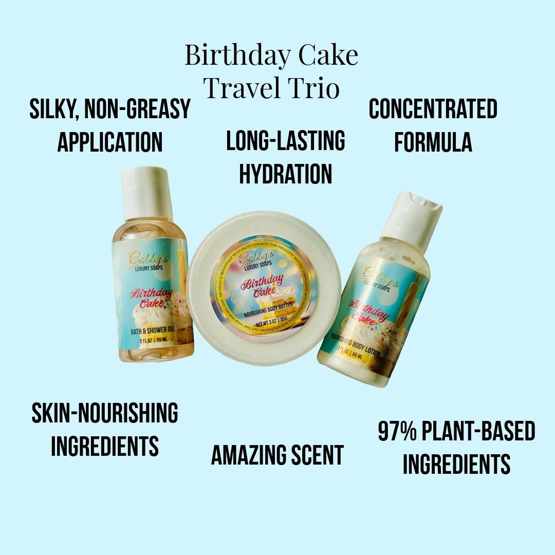 Birthday Cake Travel Set – Shower Gel, Body Lotion & Body Butter (TSA-Friendly Sizes)