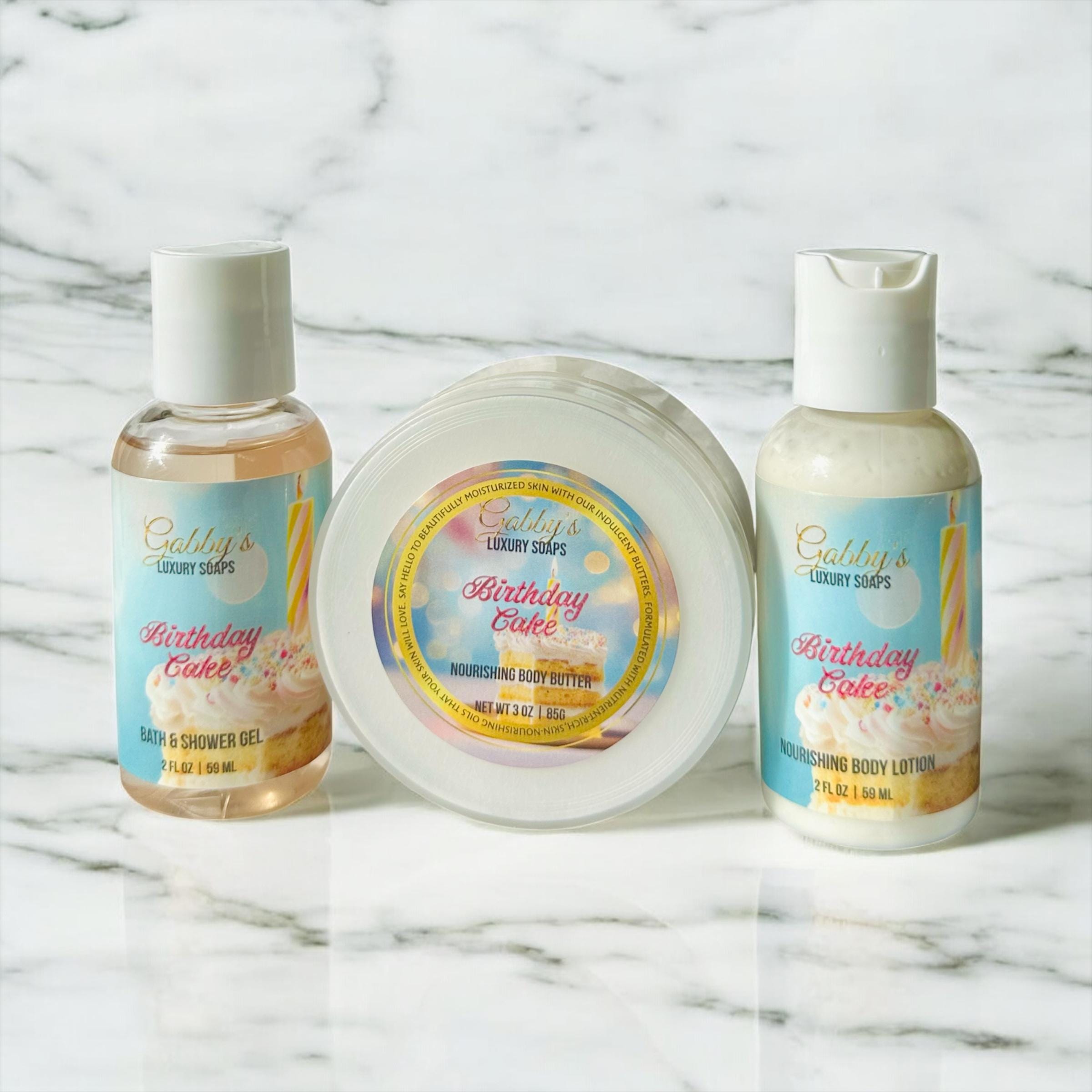Birthday Cake Travel Set – Shower Gel, Body Lotion & Body Butter (TSA-Friendly Sizes)