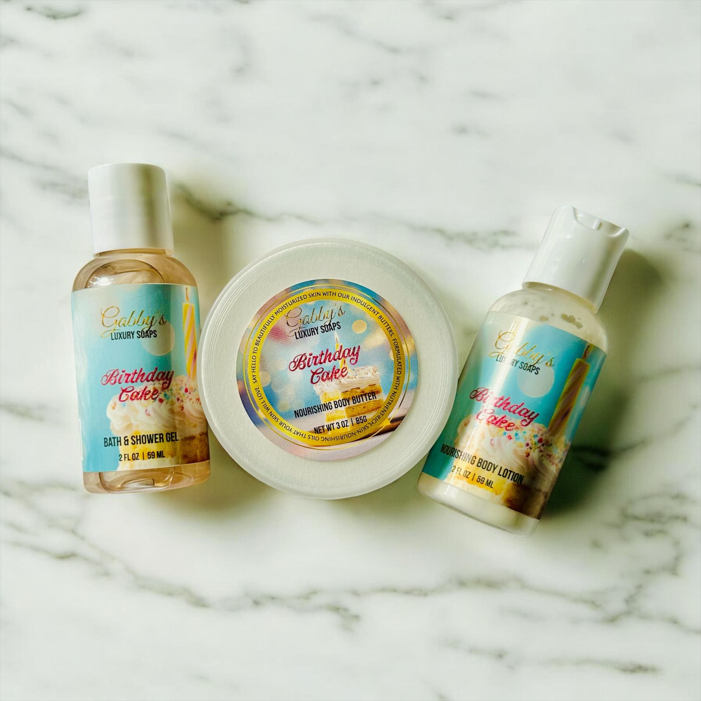 Birthday Cake Travel Set – Shower Gel, Body Lotion & Body Butter (TSA-Friendly Sizes)