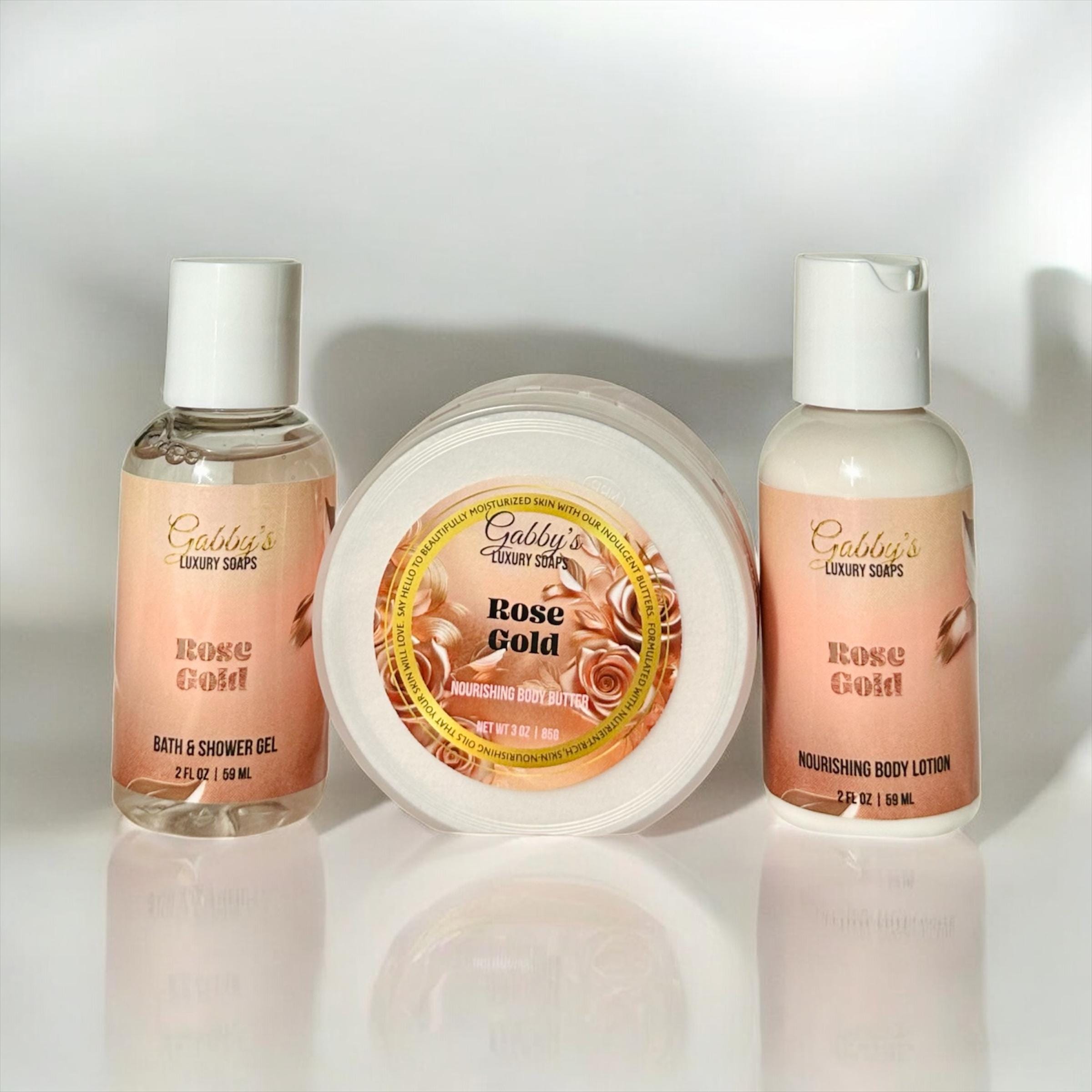 Rose Gold Travel Set – Shower Gel, Body Lotion & Body Butter (TSA-Friendly Sizes)